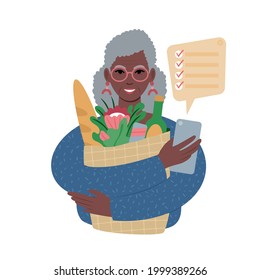 A portrait of a senior african woman holding up a paper bag filled with groceries and a smartphone with a checked shopping list. Storing a to do list on a phone or using an organiser app. Flat style