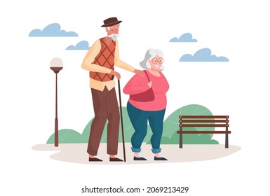 Portrait of senior couple. Elderly man and woman walk together in park. Husband and wife aged with gray hair. Grandma and grandpa. Happy adult characters. Cartoon modern flat vector illustration