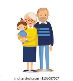 Portrait of senior couple grandparents with grandchild. Grandma grandpa with granddaughter. Relatives generations holiday weekend meeting.  Vector illustration. Flat design. 