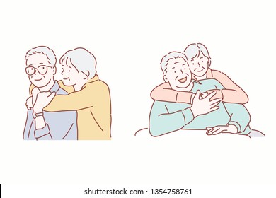 portrait of senior couple. Hand drawn style vector design illustrations.