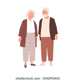 Portrait of senior couple of old people isolated on white background. Aged man and woman standing together. Colored flat vector illustration of retired gray-haired grandmother and grandfather