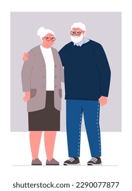 Portrait of senior couple. Old people embrace affectionately posing for camera. Spouses of retirement age. Family relationship. Concept of long and happy life together. Vector characters illustration.