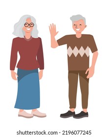 Portrait of senior elderly couple isolated on white background. Elderly man and woman together. Colored flat vector illustration of retired gray haired grandmother and grandfather.