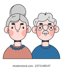 Portrait of a senior elderly couple isolated. An elderly man and woman together. Colored flat vector illustration of a gray-haired people