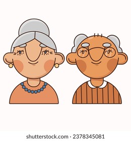 Portrait of a senior elderly couple isolated. An elderly man and woman together. Colored flat vector illustration of a gray-haired people