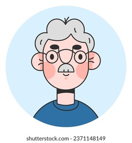 Portrait of a senior elderly man isolated.Colored flat vector illustration of a face gray-haired person.Sticker,print template of retired happy male	