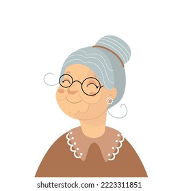 Portrait of senior lady in glasses. Avatar happy grandma. Funny old woman, cartoon character, hand drawn vector illustration isolated on white background. Flat design 