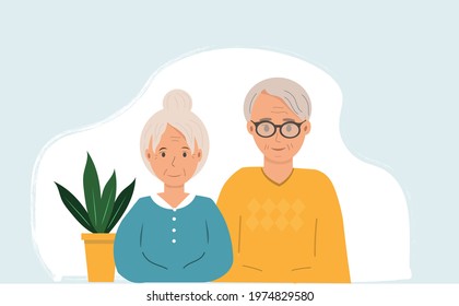 Portrait of senior ladygentleman, grandmother and grandfather together, family concept, flat vector illustration