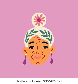 Portrait of senior woman with flowers. Avatar of grandmother female character. Vector for postcard, poster, social network. Concept of mental health and psychology. 