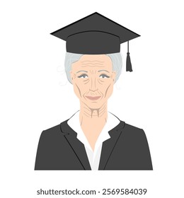 Portrait of a senior woman in graduate gown. Avatar of an elderly professor lady, vector isolated illustration