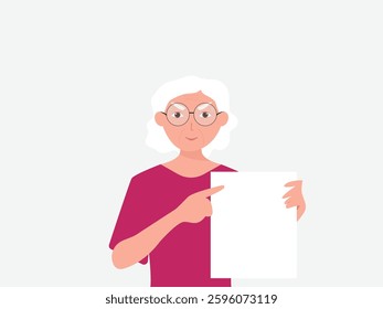 portrait of senior  woman holding empty white paper sheet or showing blank sign poster over isolated background. vector and illustration.
