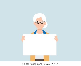 portrait of senior  woman holding empty white paper sheet or showing blank sign poster over isolated background. vector and illustration.