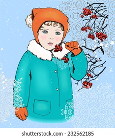 Portrait of sentimental child girl with rowan berries branch, wearing winter clothes: turquoise coat with white fur and cap . Vintage style vector illustration for Christmas card, calendar or other.
