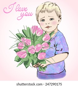 A portrait of a sentimental cute blond child of about three years old, with a big bouquet of pink flowers (tulips) and a sign "I love you". A design for Valentine's day, mother's day or other.