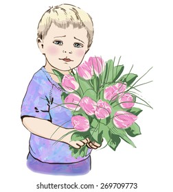 A portrait of a sentimental cute blond child of about three years old, with a big bouquet of pink flowers (tulips). A vintage design for Valentine's day, mother's day or other.