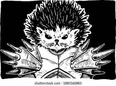 Portrait of a serious hedgehog knight in thorny armor.
Black and white hand drawn illustration