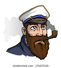 Portrait of a Serious looking captain, smoking a pipe, vector illustration
