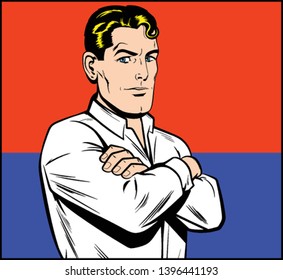 Portrait of serious man on red and blue background. Brutal man in a shirt with arms crossed. Vector, Retro Comic book cartoon, Pop Art  vintage Illustration.