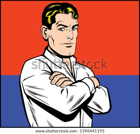 Portrait of serious man on red and blue background. Brutal man in a shirt with arms crossed. Vector, Retro Comic book cartoon, Pop Art  vintage Illustration.