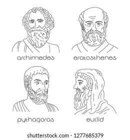 Portrait set of ancient greek mathematicians. Euclid, Archimedes, Eratosthenes, Pythagoras.