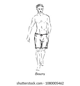 Portrait of sexy guy in boxers type of swimsuit with inscription, hand drawn outline doodle, sketch in pop art style, black and white vector illustration