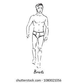 Portrait of sexy guy in briefs type of swimsuit with inscription, hand drawn outline doodle, sketch in pop art style, black and white vector illustration