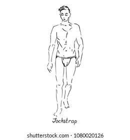 Portrait of sexy guy in jockstrap type of swimsuit with inscription, hand drawn outline doodle, sketch in pop art style, black and white vector illustration