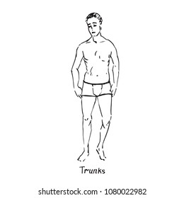 Portrait of sexy guy in trunks type of swimsuit with inscription, hand drawn outline doodle, sketch in pop art style, black and white vector illustration