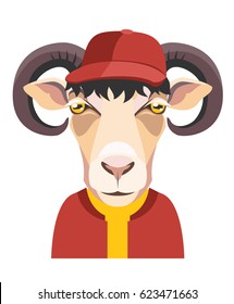 Portrait of a sheep or a ram in clothes and a cap