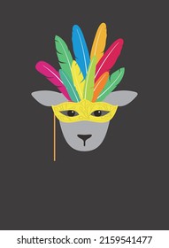 Portrait of sheep, wearing feather hat and mask, like samba dancer,  cool style