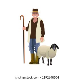 Portrait of a shepherd with a sheep. Vector illustration isolated on white background