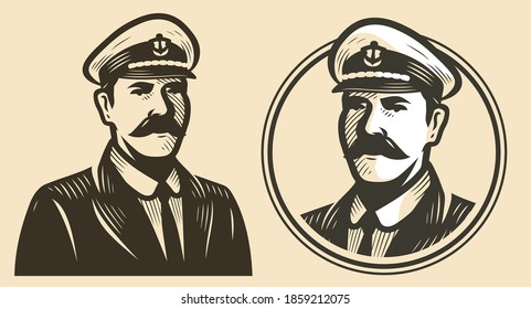 Portrait Of Ship Captain. Sailor Sketch Vintage Vector