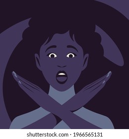 Portrait of a shocked African woman with crossed arms. A gesture of refusal and prohibition. Campaign against violence and human rights violations. Vector flat illustrations