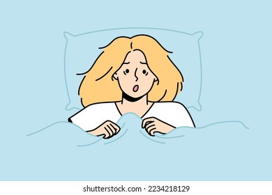 Portrait of shocked blonde lying in bed at home. Astonished woman peeks out from blanket. Girl woke up in horror after nightmare in dream. Insomnia vector outline illustration isolated on blue.