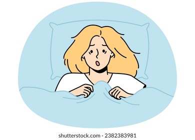 Portrait of shocked blonde lying in bed at home. Astonished woman peeks out from blanket. Girl woke up in horror after nightmare in dream. Insomnia vector outline illustration isolated on blue.