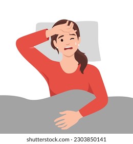 Portrait of shocked woman lying in bed at home. Astonished woman peeks out from blanket. Girl woke up in horror after nightmare in dream. Insomnia. Flat vector