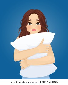 Portrait of shocked young woman holding pillow at night vector illustartion. Beautiful girl awake having insomnia.