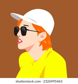 portrait of short hair girl wearing baseball cap and sunglasses. side view. suitable for avatar, social media profile, print, etc. vector flat graphic.