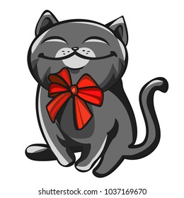 Portrait of Shorthair Cat with glasses with a red bow around his neck. Hand drawn illustration print, poster, card, t-shirt.