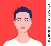 Portrait of a short-haired girl. Androgin looking with a sidelong glance. Diversity. Avatar for a social network. Student. Vector flat illustration