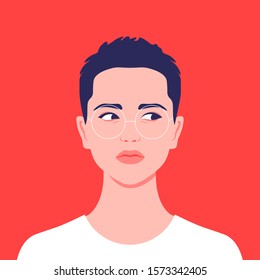 Portrait of a short-haired girl. Androgin looking with a sidelong glance. Diversity. Avatar for a social network. Student. Vector flat illustration