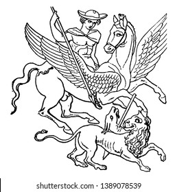 Portrait showing Bellerophon killing an animal with spear. Animal first half was of eagle shape and rest body was of Lion, vintage line drawing or engraving illustration.