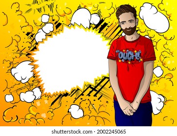 Portrait of shy modest handsome young man shrug shoulders over comics color background. Comic book style vector illustration.