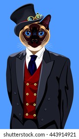 Portrait of a Siamese cat home in a business suit and hat cylinder