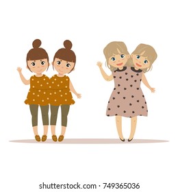 Portrait of Siamese twins sisters. Ischiopagi. Two conjoined twin children stand together. Vector illustration