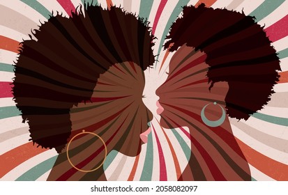 Portrait silhouette 2 faces of female African American profile women with funky hair and hoop earrings. Pop rock funky disco music. Retro style starburst background poster