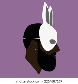 Retrato. Silhouette. Retrato de un negro barbudo con una máscara sexy de conejito. La cara de los chicos. Hombre con barba con arete. El hombre negro con la máscara blanca del conejito. Ilustración plana en el fondo rosado.