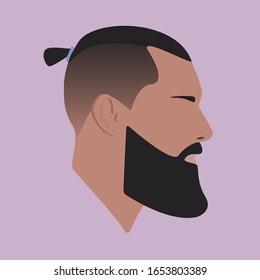 Portrait. Silhouette. Face. Male Head With Top Knot Hair On Pink Background. Man Head Silhouette.  Flat Colored Illustration.