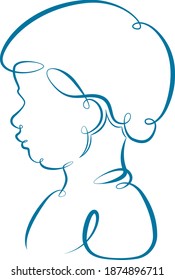 Portrait silhouette in profile of the head of a child boy. One line continuous thick bold single drawn art doodle isolated hand drawn outline logo illustration.