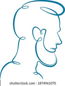 Portrait silhouette in profile of the head of a young man. One line continuous thick bold single drawn art doodle isolated hand drawn outline logo illustration.